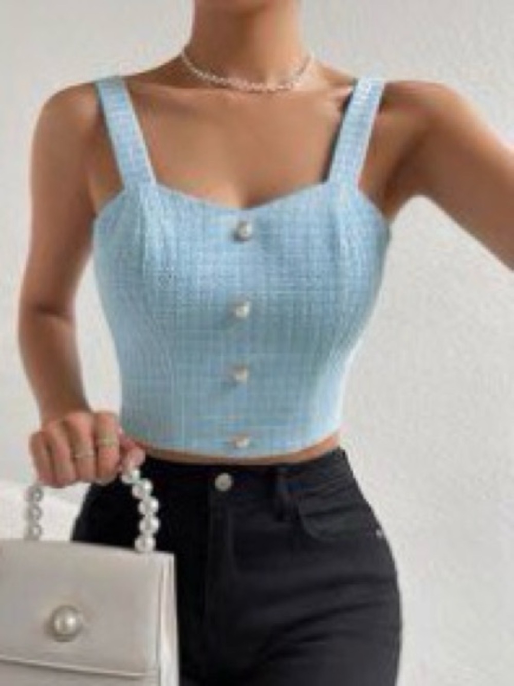 Light Blue Tweed Pearl-Button Crop Tank Top Size 2